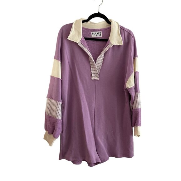 Bucket List Women S Lavender French Terry Color-Block Collared Loose Fit Romper - Picture 2 of 13
